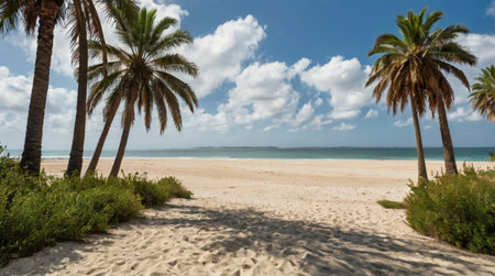 Palm trees on the sandy beach of the Caribbean Sea in Dominican Republicの写真素材