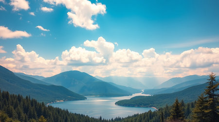 Mountain lake and blue sky with clouds. View from the top of the mountain.