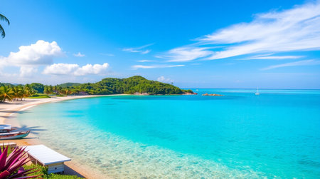 Beautiful tropical beach and sea with coconut palm tree in paradise island for travel and vacationの写真素材