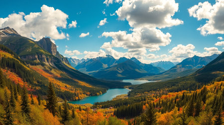 Mountain lake in the autumn forest. Panoramic view.