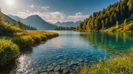 panoramic view of a mountain lake in the italian alps