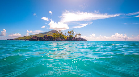 Tropical island in the ocean. Seascape with clouds and blue skyの写真素材