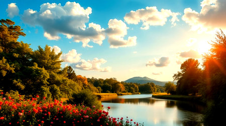 Landscape with a lake and flowers in the foreground on a sunny day