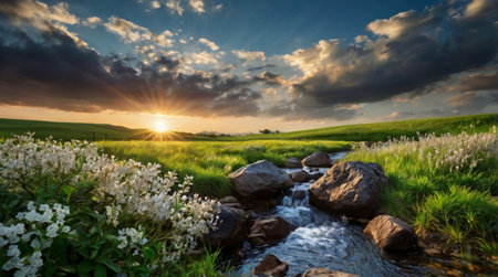 sunset over a river in the meadow with stones and flowersの写真素材
