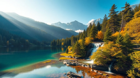 Beautiful autumn alpine lake in the mountains. The concept of active and photo tourismの写真素材