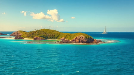 Aerial view of tropical island with white sand beach, turquoise sea and blue sky with clouds.の写真素材