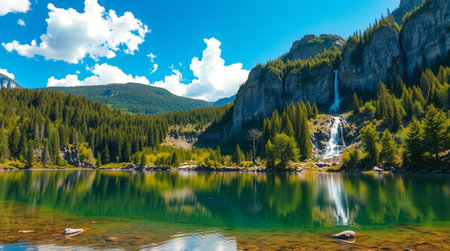 Beautiful view of the mountain lake with clear water and waterfall.の写真素材