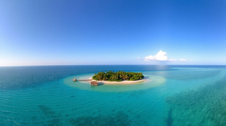 Aerial view of small island in the middle of tropical sea.の写真素材