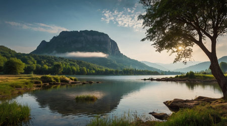Panoramic view of a mountain lake in the morning mist.の写真素材
