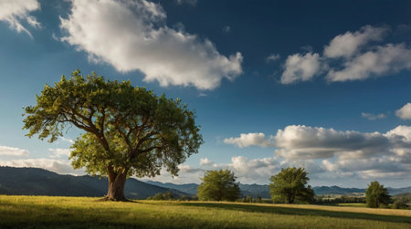 Old oak tree on a green meadow in Tuscany, Italyの写真素材