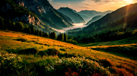 Sunset in the mountains. Panoramic view of the valley.