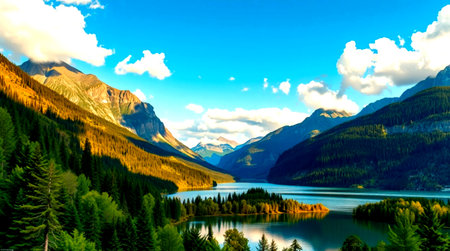 Panoramic view of beautiful lake with mountains in the background.
