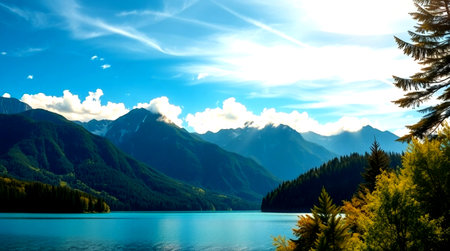 panoramic view of turquoise lake and mountains in background