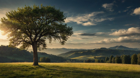 Lonely tree in the meadow on a background of mountains