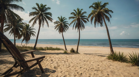 Chairs and palm trees on a tropical beach in Sri Lanka.の写真素材