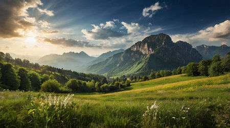 Beautiful summer landscape in the mountains. Sunrise in the mountains.の写真素材