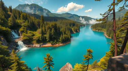 Beautiful turquoise emerald lake in the mountains surrounded by coniferous forestの写真素材