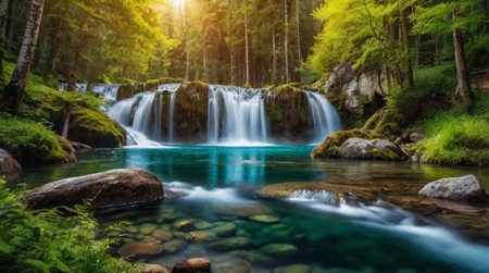 Beautiful waterfall in the forest. Summer landscape with a waterfall.の写真素材