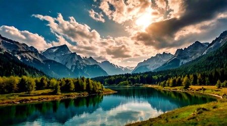 Panoramic view of a lake in the Alps.の写真素材