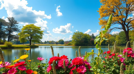 Beautiful summer landscape with lake and colorful flowers in the park.の写真素材