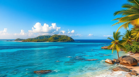 Panoramic view of beautiful Anse Lazio beach on Praslin island, Seychellesの写真素材