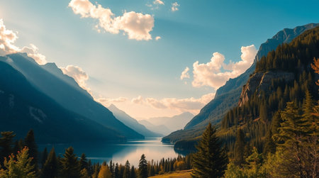 Mountain lake at sunset. Beautiful summer landscape with mountains and forest.の写真素材