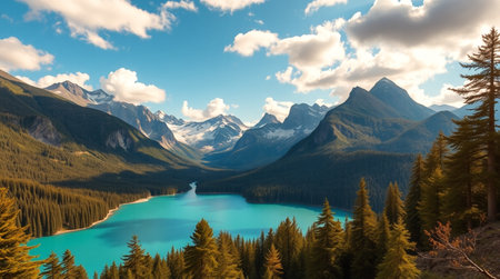 Panoramic view of alpine lake in the highlands of Canada