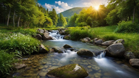 Mountain stream in the Carpathian mountains. Beautiful summer landscape.の写真素材