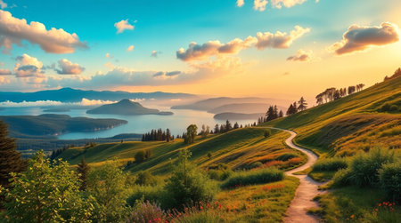 Panoramic view of the lake and mountains at sunrise. Beautiful summer landscape.の写真素材