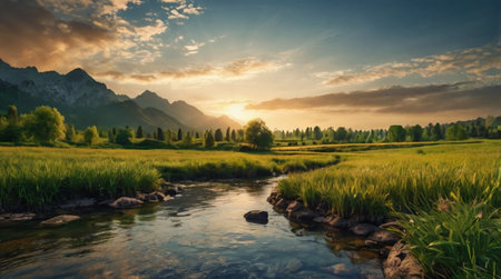 Panoramic view of the mountain river at sunset. Nature composition.の写真素材