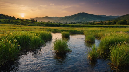 Landscape of rice field with mountain and river in the morning.の写真素材