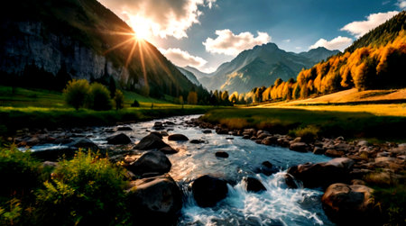Mountain river in the Swiss Alps at sunset. Panorama.の写真素材