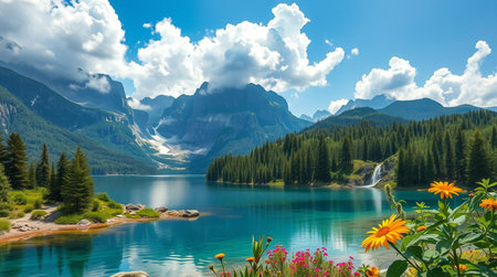 Panoramic view of beautiful lake in the mountains. Summer landscape.