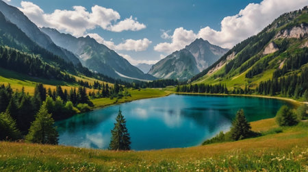 Panoramic view of the mountain lake in the Alpsの写真素材