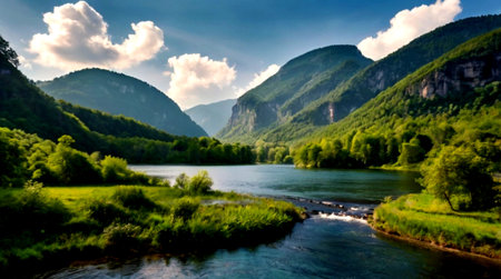 Beautiful landscape with river and mountains in summer, panoramic viewの写真素材