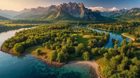 Aerial view of mountains and lake.