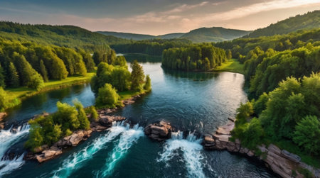 Aerial view of a scenic waterfall at sunset.の写真素材