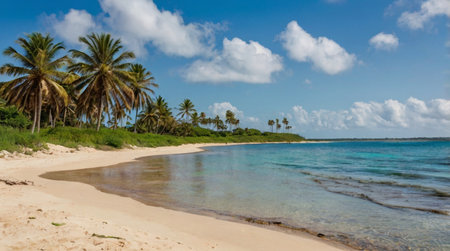 Panoramic view of the beach with palm trees and blue skyの写真素材