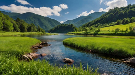Landscape with river and green meadow in Caucasus mountains, Russiaの写真素材