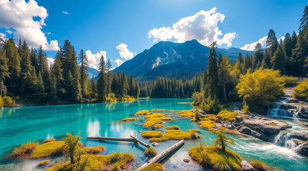 Aerial panoramic view of turquoise water of a mountain lake.