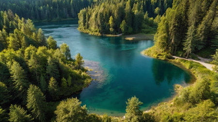 Aerial view of a beautiful turquoise lake in the forest.