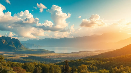 Beautiful summer landscape with mountains and lake. Panoramic view.の写真素材