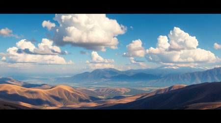 Landscape with mountains and blue sky. 3d rendering. Computer digital drawing.