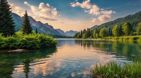 Beautiful mountain lake in the Alps. Landscape with lake and mountains.の写真素材