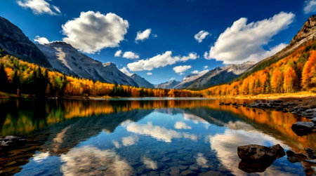 Autumn Landscape. Mountain lake with reflection of the sky and clouds.