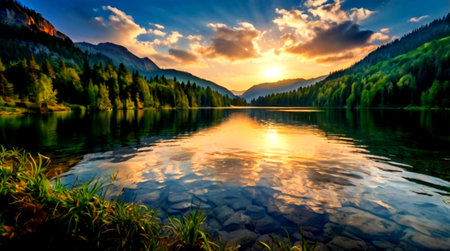 Beautiful sunset on the mountain lake. Carpathian, Ukraine.の写真素材