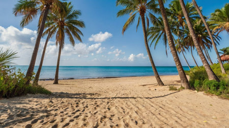 Beautiful tropical beach with coconut palm trees on the island of Sri Lankaの写真素材