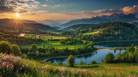 Panoramic view of idyllic alpine lake and mountains at sunsetの写真素材