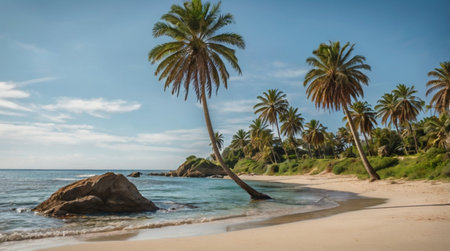 Coconut palm trees on a tropical beach in Sri Lanka.