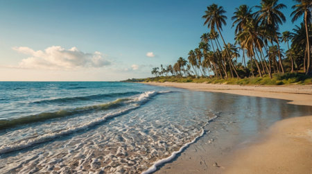 Panoramic view of beautiful tropical beach with palm trees and sandの写真素材